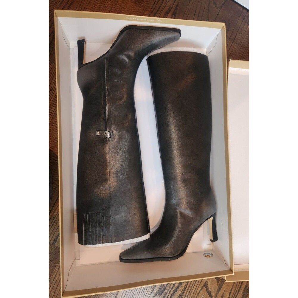 NEW Michael Kors Darrah Leather Boots Storm Grey Black Knee High Heel - 7